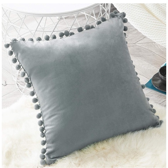Trendy Light Grey Modern Cute Preppy Pompom Fringe Throw Pillow Cover Twin Set - Picture 3 of 16